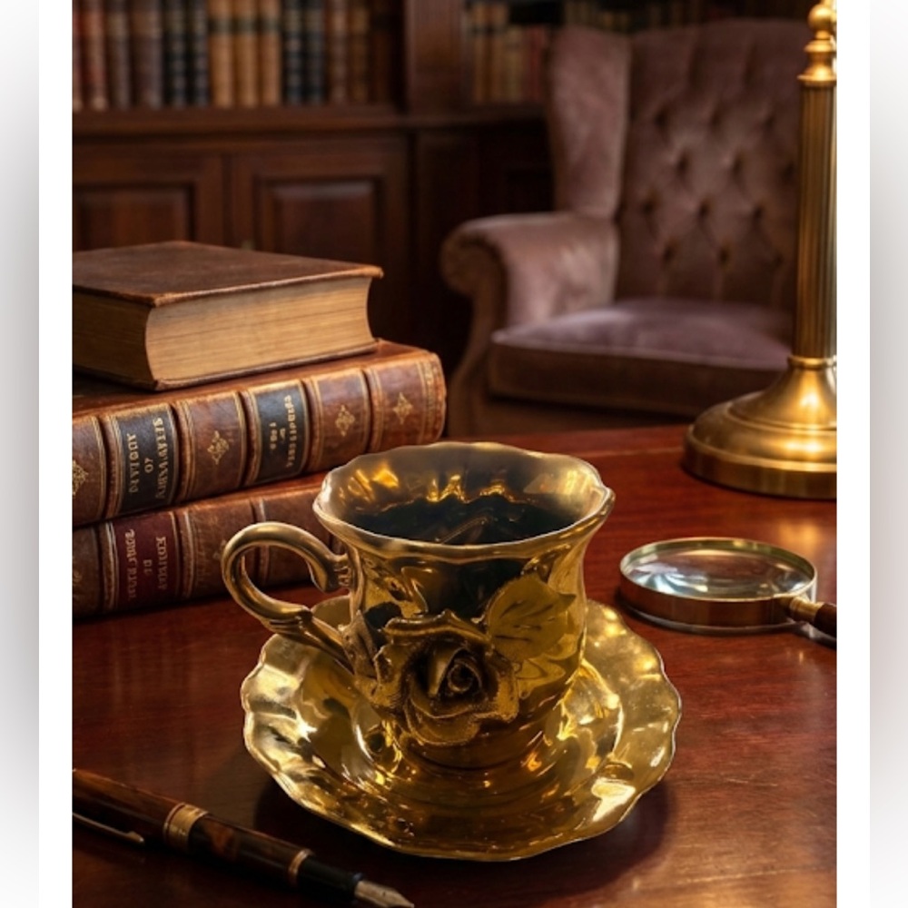 Vintage Gold Lusterware Teacup & Saucer High Relief 3D Rose Scalloped Ornate